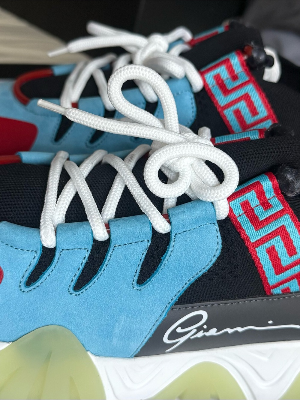 Versace Black and Light Blue Men's Sneakers with White Laces and Red Accents